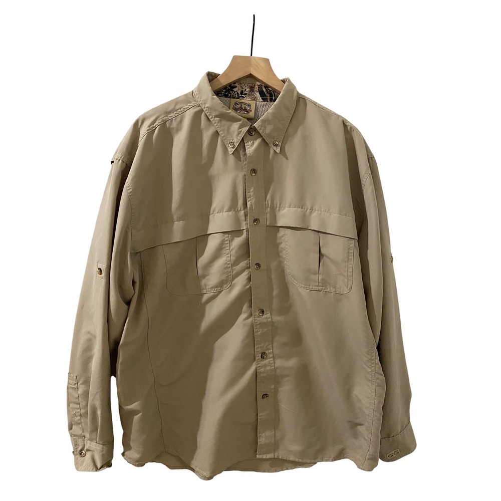 Game Guard Original Mens XL Fishing Shirt Tan Khaki Long Sleeve Vented Mesh Back